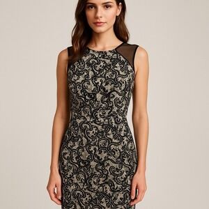Alice + Olivia Black Ivory Lace‎ Mesh Sheath Bodycon Dress Size 6 Cocktail